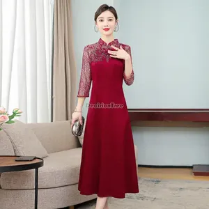 Ethnic Clothing 2024 Chinese Style Traditional Qipao Dress Women Wedding Party Long Sleeve Collar Elegant Retro Size M-4xl