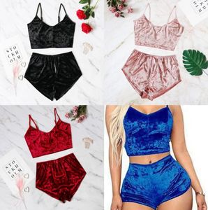 Women Sexy Sleep Velvet Pajama Sets Ladies Lace VNeck Crop Tops Shorts Sleepwear Lingerie Pajamas Sets Maternity Clothing 2pcsse8159527