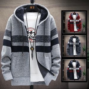 Autumn and Winter Men's Color Matching Knitwear Youth Standing Neck Sweater Cardigan Plush Baseball Neck Coat 240113