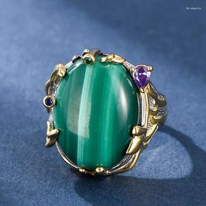 Anelli a grappolo Artigianato italiano Personalità retrò S925 Argento dorato intarsiato Malachite Ovale Anello di apertura della superficie dell'uovo Femmina