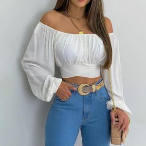 Blusas femininas elegantes slash neck mulheres camisas de manga comprida blusa sem costas fora do ombro casual cruz colheita top trabalho desgaste verão branco preto