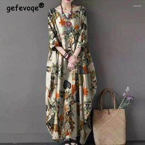 Vestidos casuais vintage floral impresso estilo étnico algodão linho oversized maxi vestido mulheres irregular meia manga streetwear robe