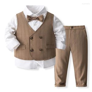 Kleidung Sets Frühling Herbst Kinder Jungen Gentleman Anzug Bogen Hemd Weste Hose 3PCS Kinder Party Tragen