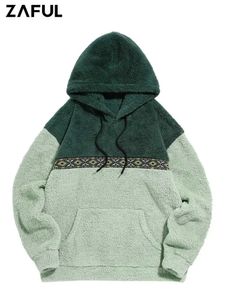 Fluffy Fleece Hoodie for Men Two Tone Colorblock Ethnic Geometric Hooded Sweatshirts Streetwear Pullover Sweat Z5065341 240112