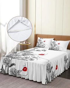 Saia de cama flor margarida feminino linha lábios vermelhos elástico colcha com fronhas capa colchão conjunto cama folha