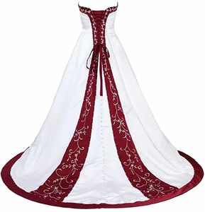 Embroidery White And Red Wedding Dress Strapless A Line Satin Long Bridal Gown Corset Lace-Up Plus Size Bride Dresses Vintage Robe De Mariee 2024