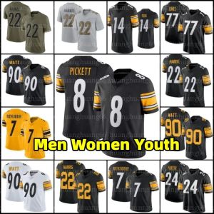 Anpassade män kvinnor ungdom Pittsburgh''Steelers''8 Kenny Pickett Jersey 90 TJ Watt Football 22 nee Harris Pat Freiermut Minkah Fitzpatrick