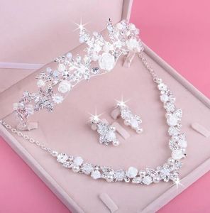 Schmuck Hartschmuck Sets Tiara Drei Stücke Braut Halskette Durchbohrte Ohrringe Hochzeit Party Zubehör Frauen Haar Blumen Krone