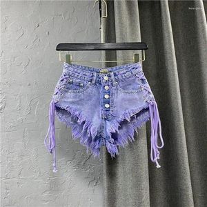 Kvinnors shorts 2024 Summer Purple Fashion Sexig låg stigning Single Breasted A-line denim med rembyxor kvinnlig