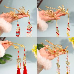 Haarspangen Chinesische Hochzeit Stick 2PCS Perle Quaste Haarnadel Goldene Kristall Metall Brötchen Schmuck Vintage Braut Tiaras Kopfschmuck Bijoux