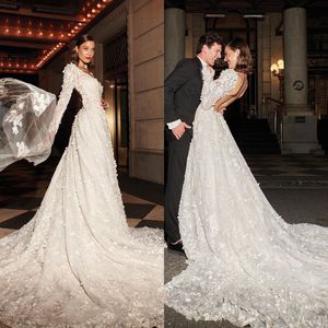 Simple Lace A Line Wedding Dress Sexy Applique Backless Saudi Arabic Full Sleeve Bridal Gown Custom Made