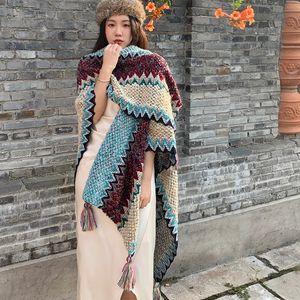 Vinterkvinnor stickade poncho sjal bohe stil varm cardigan capes etnisk geometriska fransade sjalar mohair pashmina ull halsduk 240112