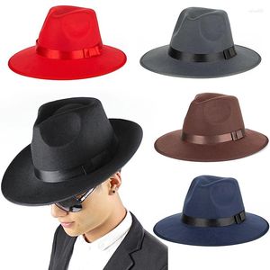 Berretti Cappello Fedora da gentiluomo unisex Cappello britannico con fiocco piatto Decor Cappelli jazz a tesa larga Elegante classico Moda retrò per uomo Donna