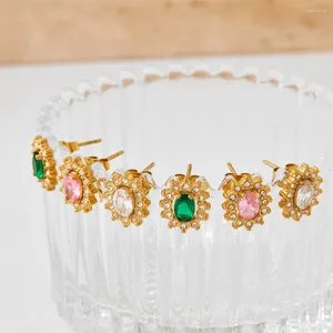 Studörhängen vintage retrostil i rostfritt stål med 18 kgold-pläterad rosa grön vit zirkon solrosformad