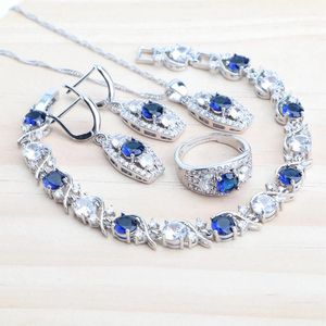 Halsband kvinnor sier smycken set runda blå zirkonsten örhängen ringar pendel brud halsband armband bröllop set juvely