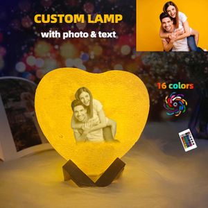 Forma de coração 3D Impresso Lua Lâmpada Personalizada Po Texto Night Light USB Recarregável Aniversário Dia das Mães Presente Lunar 240113