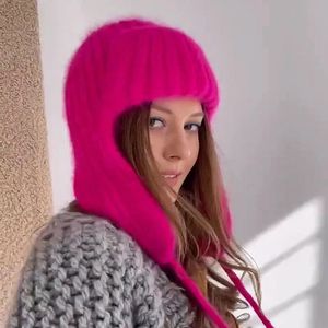 Outono Inverno Mulheres Malha Bomber Chapéu Casual Lazer Estilo Cor Sólida Flanging Tie Up Ear Protection Windproof Warm Caps Y2K 240113