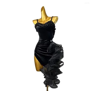 Scen Wear Latin Dance National Standard Competition Uniform High-End Custom Black Suspender Wave Kjol Samba Style Dress