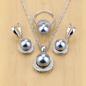 Halsketten Sier Jewelry Schwarze künstliche Perlen mit Perlen, Schmucksets für Frauen, Hochzeit, Anhänger, Tropfen-Ohrringe, Ringe, Halsketten-Set