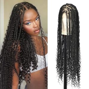 Viyskur 36 Full Double Lace Front Triangle Knotless Box Braided s With Boho Curls Ends Braids Baby Hair 240113