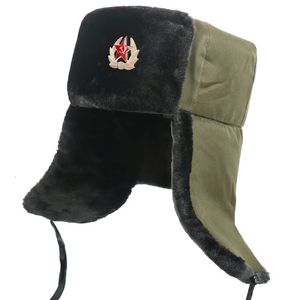 ソビエト陸軍軍事バッジロシアUSHANKA BOMBER HATS PILOT TRAPPER TROOPER HAT WINTER FAUX RABBIT FUR EARFLAP MEN SNOW CAPS 240113