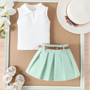 Clothing Sets Toddler Baby Girl Summer Skirt Outfits Ribbed Sleevless Lapel Collar Vest Tank Pleated Mini 2 Piece Clothes Set