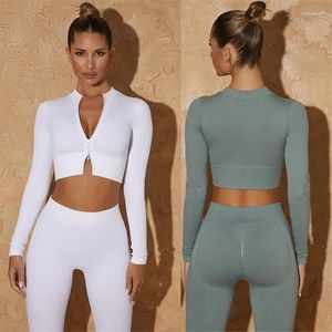 Aktiva uppsättningar sömlös yogasport set kvinnor träning zip två bit 2st skörda topp skjorta leggings outfit fitness wear kvinnlig gym kostym kläder