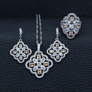 Collane Sterling Sier Set di gioielli per feste Champagne Cubic Zirconia Cristallo bianco per donne Orecchini/collana/pendente/anello