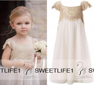 Cap Sleeves Vintage Flower Girls Dresses for Bohemian Wedding Little Kid Cheap Empire Waist Champagne Lace and Ivory First Communi8057940