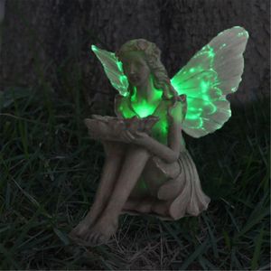 Suower Fairy Staty Solar Lighting Wings Ornament utomhus Vackra ängelskulptur Dekorativ figur Dekoration Trädgårdsdekor 240113