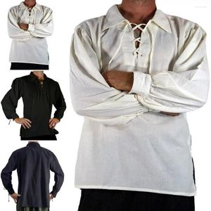 Mäns casual skjortor medeltida renässans skjorta cosplay snörning långärmad lös passform vuxen fast färg pullover män