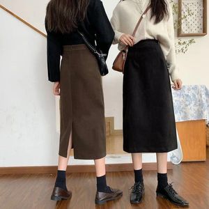 Röcke Korean Herbst Winter Dicke Tweed Lange Frauen elegant All-Match High Taille Slim A-Line Black Rock Ol-Pendlerkleidung