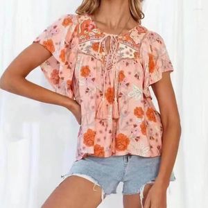 Blusas femininas ayualin boho praia borla blusas 2024 alargamento blusa de manga curta camisa feminina rayon floral impressão topos casual o-pescoço verão