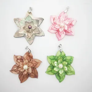 Pendant Necklaces Charm 50X50MM Black Brown Pink Green Shell Carved Floral Flower Chain Necklace 1PCS