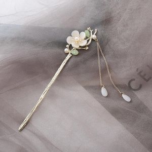 Fermagli per capelli Bastoncino con nappa vintage Perle rosa Forcine per capelli Forchette Bacchette Clip per donna Accessori Hanfu cinese Gioielli in metallo