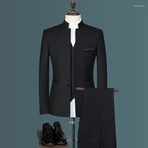 Мужские костюмы 2024, модный повседневный бутик, белый воротник-стойка, костюм в китайском стиле, облегающий пиджак, куртка, пальто, брюки, жилет