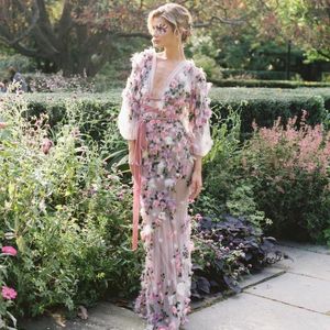 Casual Dresses Garden 3D Flower Lace Straight Long Bridal To Party See Thru Puff Sleeves Pretty Women Maxi