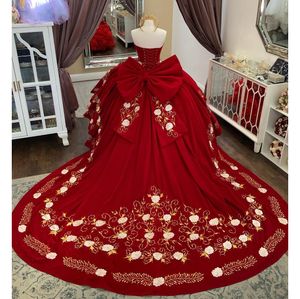 New Red Quinceanera Dresses Ball Gown Embroidery Bow Sweep Train Sweet 16 드레스 생일 파티 가운 멍청이 드 15 anos