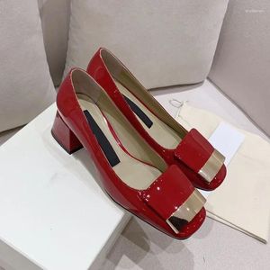 Dress Shoes Summer Single Women's Middle Heel Leather Shallow Red Square Head Small High Heels