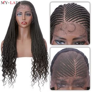 MyLady 28Inch Synthetic Braids Cornrow Lace Front s Curly Ends Black Women Box Braided Frontal With Baby Hair 240113