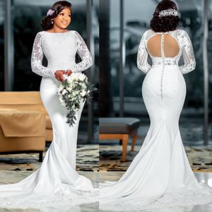 Vestido de noiva sereia para noiva plus size, decote transparente, mangas compridas, frisado, costas nuas, em camadas, renda de tule, vestidos de casamento para mulheres negras nigerianas NW016