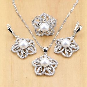 Collane Fiore Sterling Sier Gioielli Perle d'acqua dolce con perline Set di gioielli per donne Orecchini pendenti con pendenti Anelli Set di collane