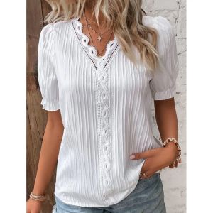 Estate delle donne Nuovo Top 2023 Solido Sexy Con Scollo A V Hollow Manica Corta Camicia di Modo Splice Plus Size Allentato Strada Abbigliamento