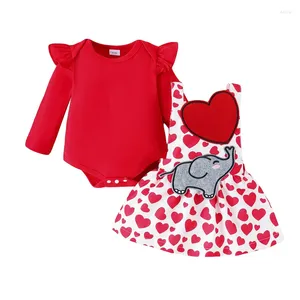 Kläder sätter spädbarn baby flicka valentiner dag outfit ruffle lång ärm romper 3d hjärtelefant suspender kjol 2 st kläder set