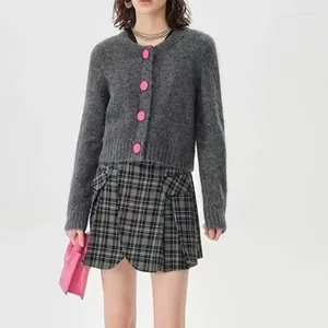 Женский вязаный серый вязаный кардиган из смеси альпаки, женский весенний шикарный розовый однобортный свитер с круглым вырезом 2024, тонкий короткий топ, высококачественный свитер