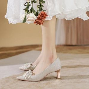 Sapatos de vestido 34-43 Salto robusto apontado casamento nupcial prata 2024 saltos altos mulheres bombas