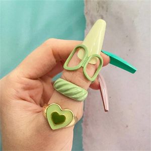 Küme halkaları vintage y2k renkli emaye kalp seti kadınlar moda pembe yeşil zincir düzensiz taichi eklem yüzüğü mafsal parti takı
