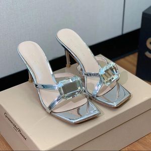 Gianvito Rossi gemstone details mule Slippers Sandals 8.5cm Women stiletto Heels Patent leather high heel Muller shoes ore decorate womens luxury designer Sandals
