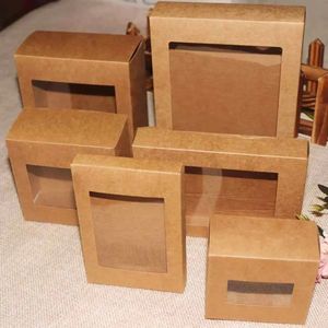 10st DIY Vintage Color Kraft Paper Gift Box Cake Package med Clear PVC Window Candy Wrapping Bag Wedding Favors 240113