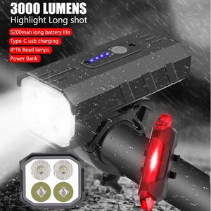 Luci Luce per bicicletta 3000 lumen 5200mAh Faro per bici Accumulatori e caricabatterie di riserva Torcia Elettrica Manubrio TYPEC Ricarica USB MTB Ciclismo su strada Highlight